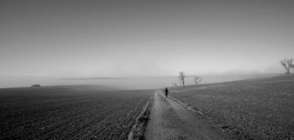 Black and white landscape with a lone person walking in misty fields in Schwertberg, Upper Austria.