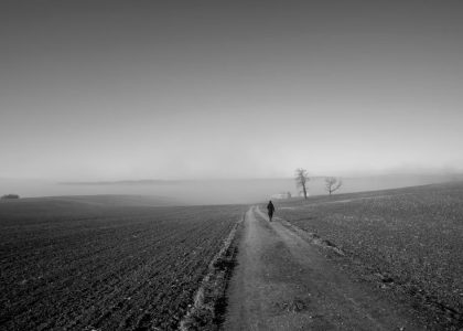 Black and white landscape with a lone person walking in misty fields in Schwertberg, Upper Austria.